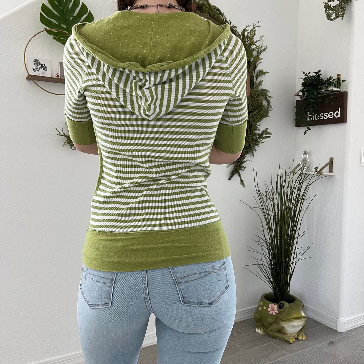 Nostalgic Green Stripe Hooded Top.